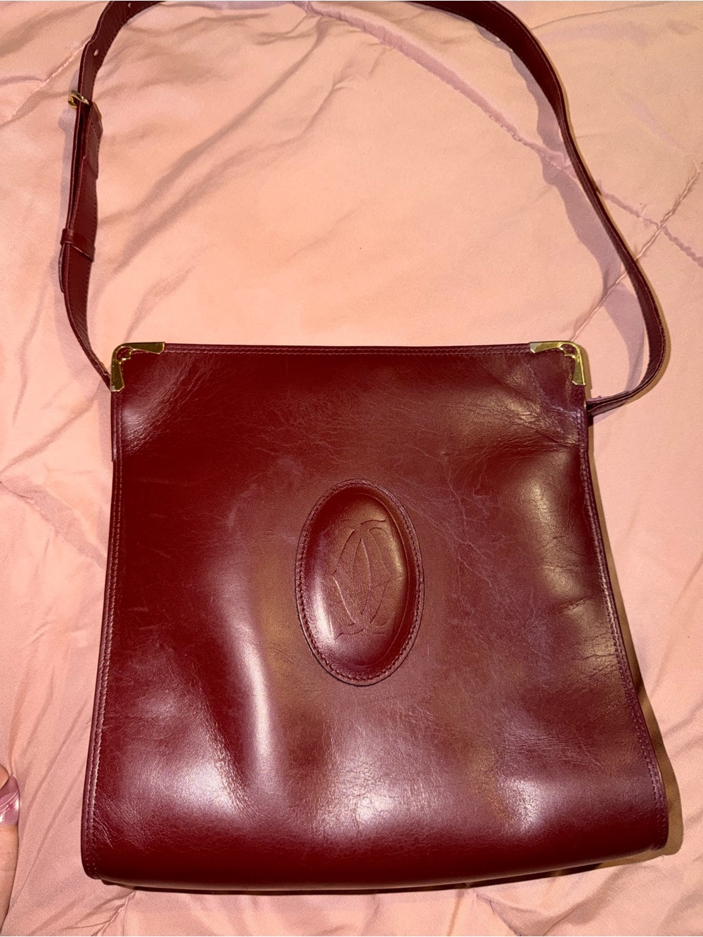 Vintage Cartier Deep Burgundy Leather Shoulder Bag with Gold Corners